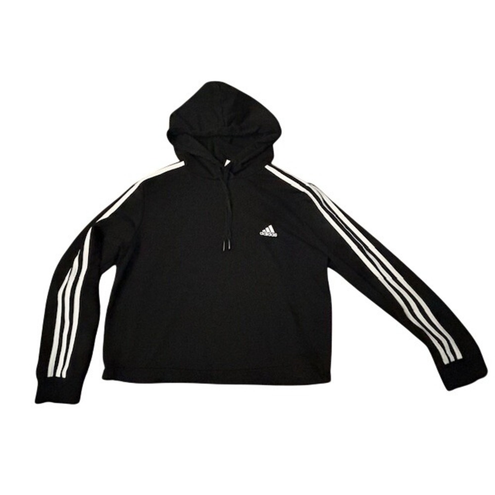 Adidas Womens 3-Stripes Cropped Boxy Hoodie Black Logo Pullover Sporty Large